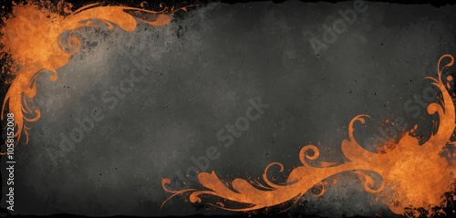 Burnt paper effect with grunge textures, glowing ember details, and curled edges in a blend of dark orange and gray