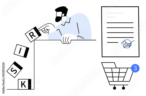 Man pushing letter blocks spelling risk over edge, signed contract document, shopping cart with notification. Ideal for business strategy, risk management, contract review, online shopping