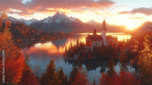 A fairytale castle on an island in a lake, surrounded by mountains and fall foliage, at sunrise.