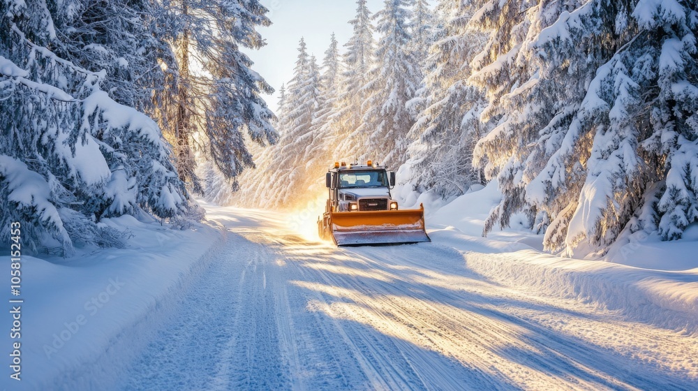 A snowplow moves steadily along a winter road, clearing fresh snow while tall evergreen trees line the sides. Sunlight filters through branches, illuminating the serene, snowy environment around it. A snowplow moves steadily along a winter road, clearing fresh snow while tall evergreen trees line the sides. Sunlight filters through branches, illuminating the serene, snowy environment around it.