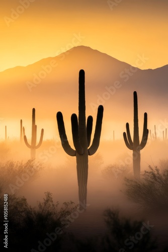 Wallpaper Mural Silhouettes of Saguaro cacti against a hazy desert sunrise. Torontodigital.ca