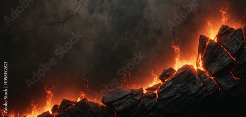 Dark grunge overlay with subtle fire textures and glowing red embers, adding a scorched, ashen effect on a rugged surface