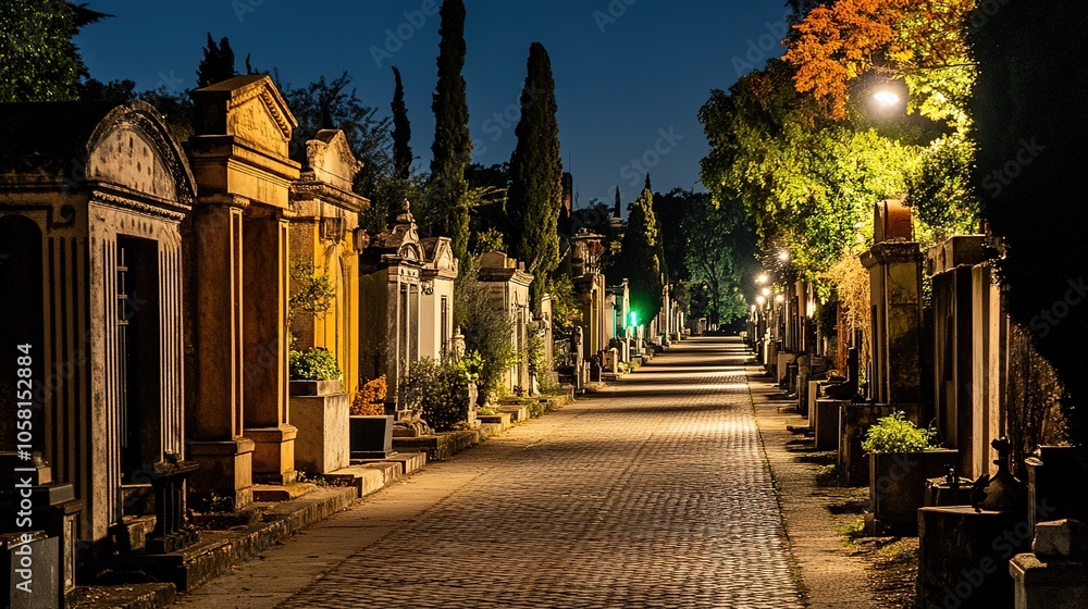 Obraz premium A hauntingly beautiful scene of a Mexican cemetery illuminated by the soft glow of oranges, showcasing intricate confiori patterns on the gravestones. 