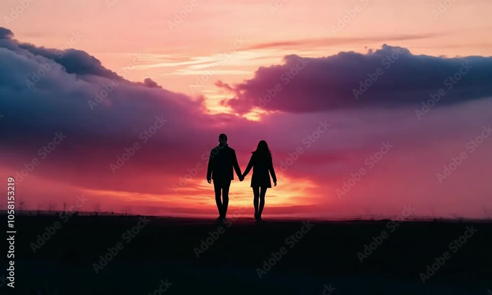 Romantic Couple Holding Hands Walking Towards a Stunning Sunset on a Beach Romantic Couple Holding Hands Walking Towards a Stunning Sunset on a Beach