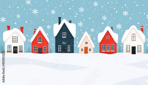 Six colorful houses with snow-covered roofs on a snowy hill under a blue sky with snowflakes falling.