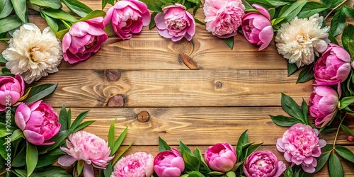 Frame with peony flowers and leaves on wooden background , peony, flowers, leaves, wooden, background, frame, design, decorative