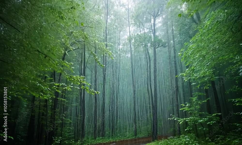 A serene forest scene with rain, showcasing lush greenery and a tranquil atmosphere. A serene forest scene with rain, showcasing lush greenery and a tranquil atmosphere.