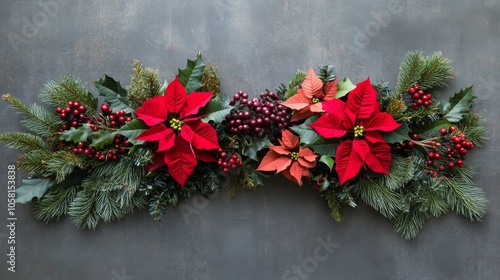 A stunning holiday centerpiece features vibrant red poinsettias, lush evergreens, and delicate berries against a dark backdrop, creating a warm and inviting seasonal vibe.