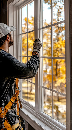 A professional energy efficiency technician working on a window of a house.