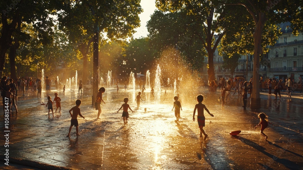 Children playing in a fountain during sunset, creating a joyful atmosphere. Children playing in a fountain during sunset, creating a joyful atmosphere.