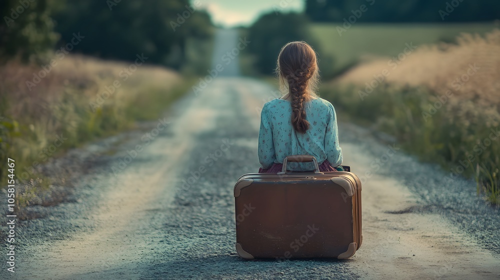Fototapeta premium Lonely girl with suitcase at country road dreaming about travel.