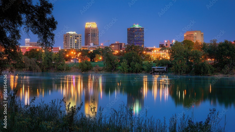 Naklejka premium City skyline at night reflected in calm water, vibrant lights illuminating the scene.