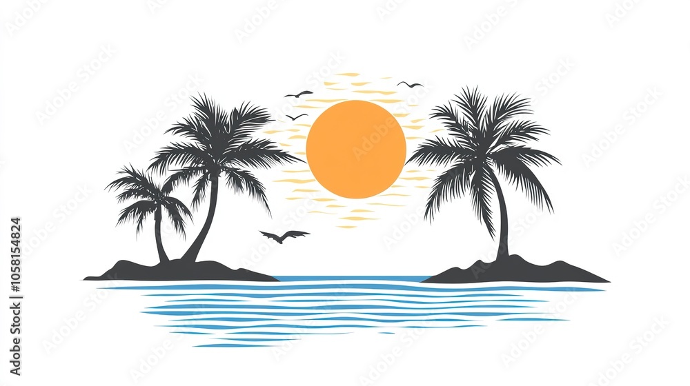 A captivating vector silhouette of a coconut tree against the backdrop of a serene sea and a stunning sunset. This design features the graceful curves of the palm fronds and the tranquil waves A captivating vector silhouette of a coconut tree against the backdrop of a serene sea and a stunning sunset. This design features the graceful curves of the palm fronds and the tranquil waves