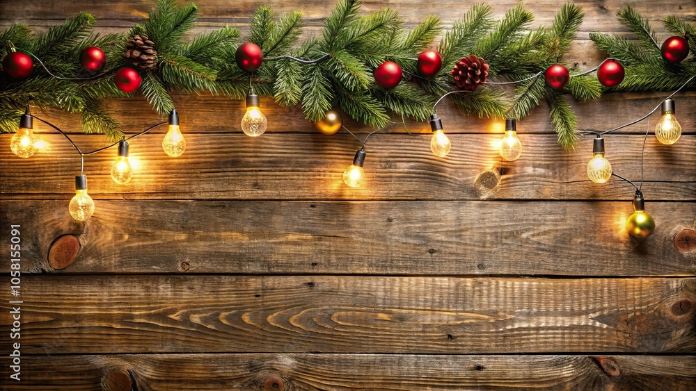 Christmas decorations including ornaments, lights, and garland on rustic wooden background, Christmas, decoration, ornaments Christmas decorations including ornaments, lights, and garland on rustic wooden background, Christmas, decoration, ornaments