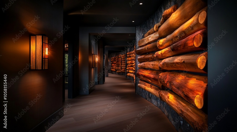 Fototapeta premium A dark hallway with a log wall, lit by warm lighting.