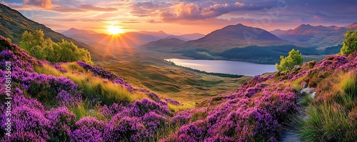 Sunset over Scottish Highlands landscape with purple heather blooms green rolling hills lochs leading to distant mountains beauty.