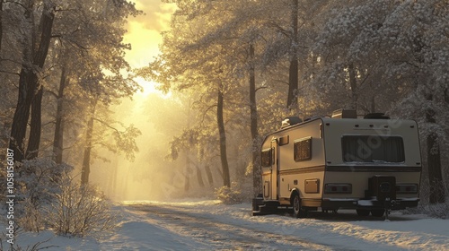 A recreational vehicle is parked on a snow-covered road surrounded by tall trees, with warm light filtering through the branches during sunset, creating a serene winter atmosphere.
