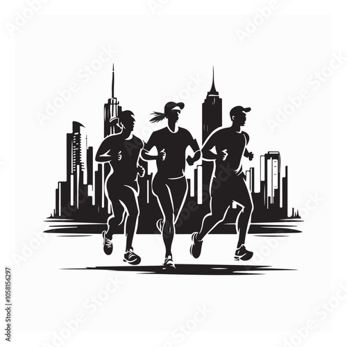 A group of athletic people are running along the street in the city. Men and women doing sports jogging silhouette vector.