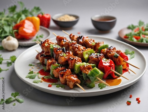 Yakitori Skewers on White Plate with Light Background photo