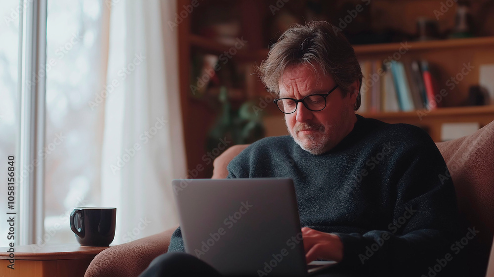 Man over 50 checking emails on his computer next to a window and a cup of coffee Man over 50 checking emails on his computer next to a window and a cup of coffee