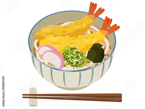 海老天うどんのベクターイラスト箸付き