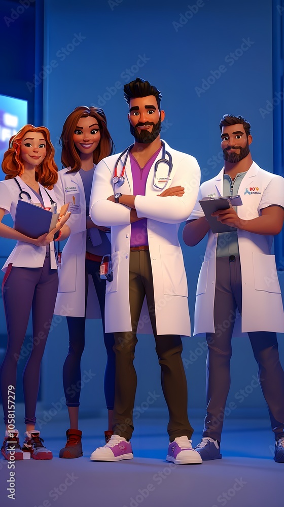 Fototapeta premium Diverse group of animated medical professionals in a hospital setting.