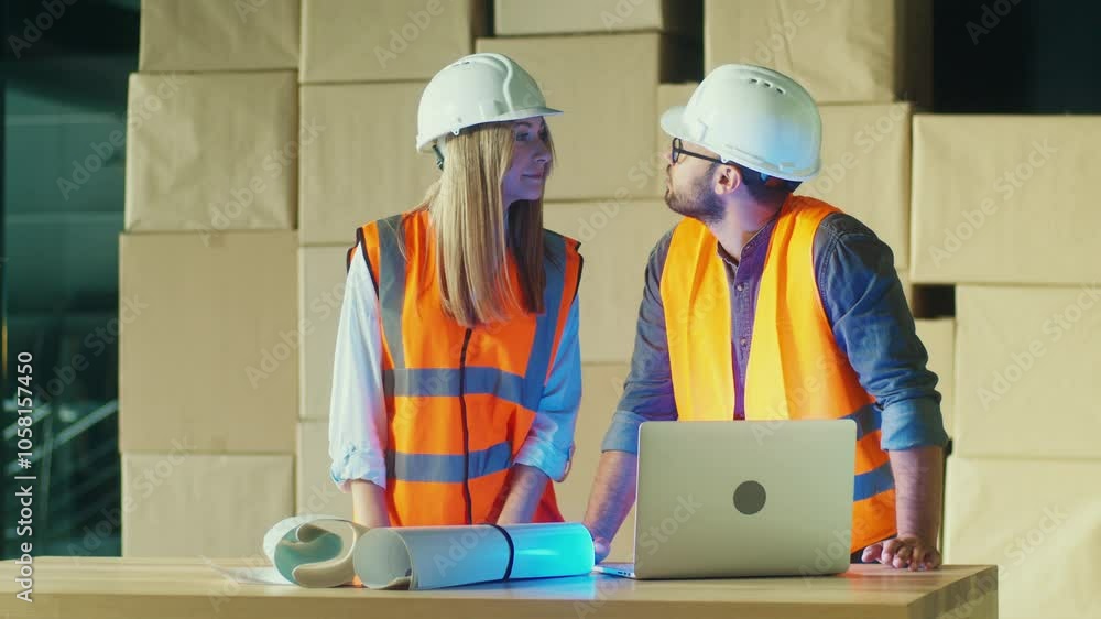 Engineers in Safety Helmets and High-Visibility Vests Review Blueprints and Work on a Laptop in an Industrial Environment. This Scene Highlights Teamwork, Planning, and Construction Site Safety. Engineers in Safety Helmets and High-Visibility Vests Review Blueprints and Work on a Laptop in an Industrial Environment. This Scene Highlights Teamwork, Planning, and Construction Site Safety.