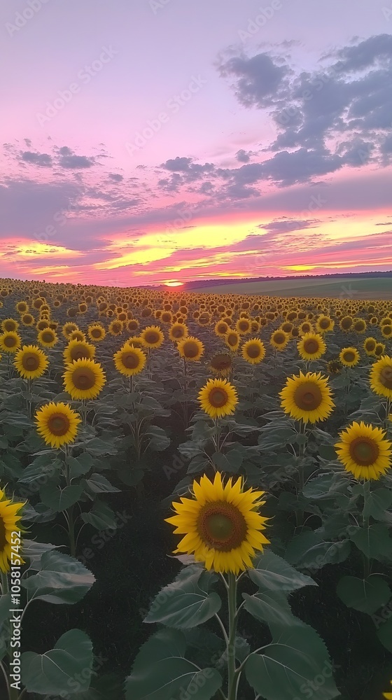 Obraz premium Vibrant sunflower field at sunset, creating a stunning natural landscape.