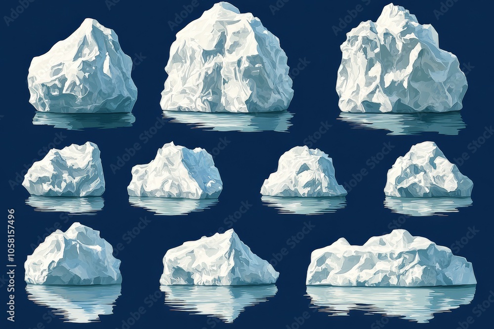 Naklejka premium Collection of realistic 3D icebergs in various shapes and sizes floating on a dark background showcasing the icy beauty and grandeur of Arctic formations