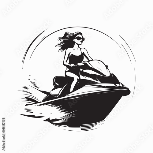 Woman Riding On Jet Ski Stock Image vector Isolated on white background.