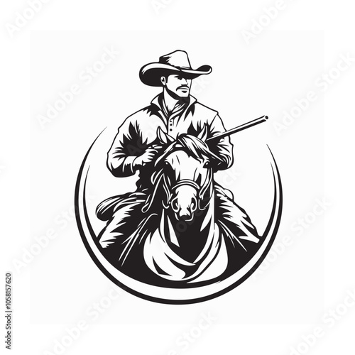 Western cowboy in hat sitting horseback logo design vector. Cowboy Riding Horse Stock Illustrations.