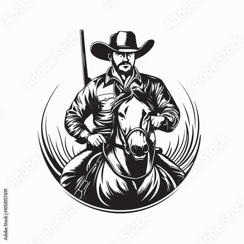 Western cowboy in hat sitting horseback logo design vector. Cowboy Riding Horse Stock Illustrations.