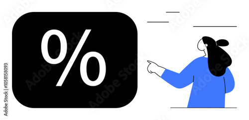 A woman in a blue shirt points towards a large black percentage symbol with motion lines. Ideal for financial education, promotional materials, discounts and offers, economics presentations and sales
