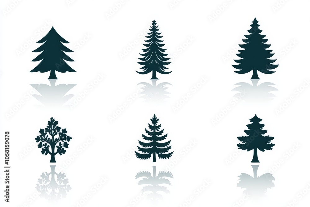 Obraz premium Minimalist evergreen tree silhouettes in various shades of green and gray ideal for holiday icons winter themes and seasonal design projects