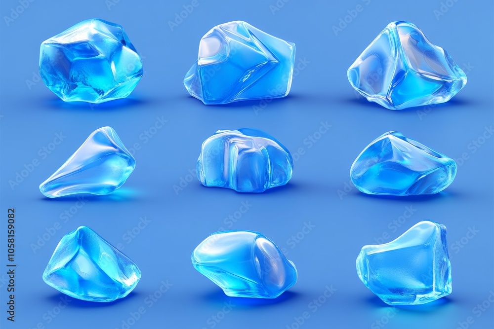 Naklejka premium Collection of realistic blue crystals against a vibrant background showing varying sizes and angles suitable for gemology visuals and artistic decor