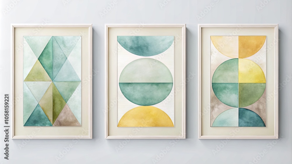 Fototapeta premium Abstract Geometric Watercolor Paintings in White Frames with Soft Tones of Green, Yellow, and Brown