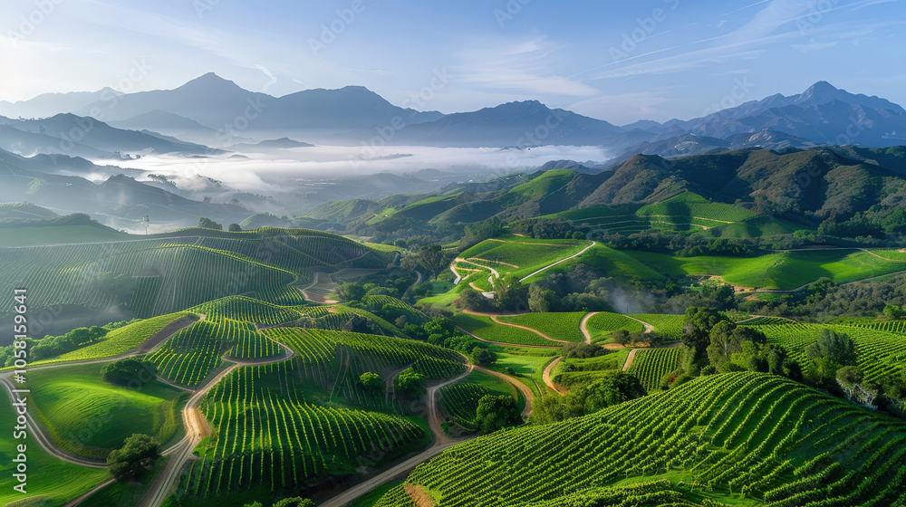 Fototapeta premium Breathtaking vineyard landscape with lush green hills, winding paths, and majestic mountains in background. serene atmosphere evokes sense of tranquility and natural beauty