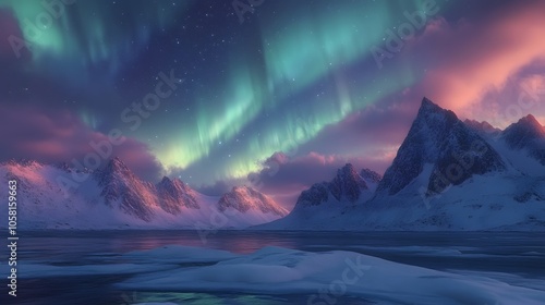 Aurora Borealis, Lofoten islands, Norway. Nothen light, mountains and frozen ocean. Winter landscape at the night time.  photo