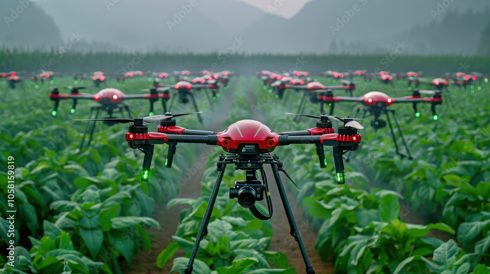 Aerial view of fleet of agricultural drones operating over lush green fields, showcasing advanced technology in farming. scene captures harmony between innovation and nature Aerial view of fleet of agricultural drones operating over lush green fields, showcasing advanced technology in farming. scene captures harmony between innovation and nature