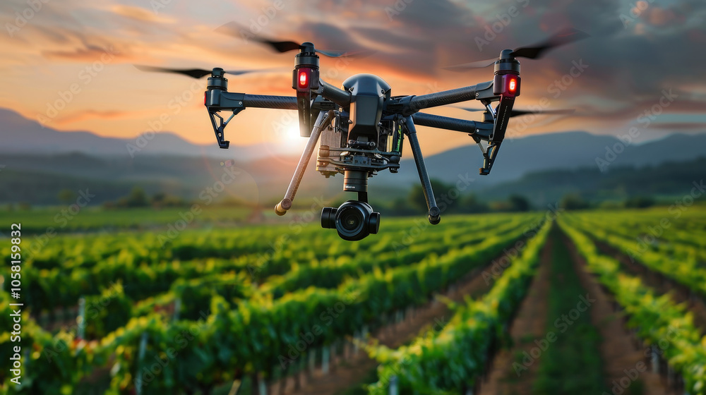 Aerial view of agriculture drone flying over vineyard, capturing stunning images of lush green rows and beautiful landscape at sunset Aerial view of agriculture drone flying over vineyard, capturing stunning images of lush green rows and beautiful landscape at sunset