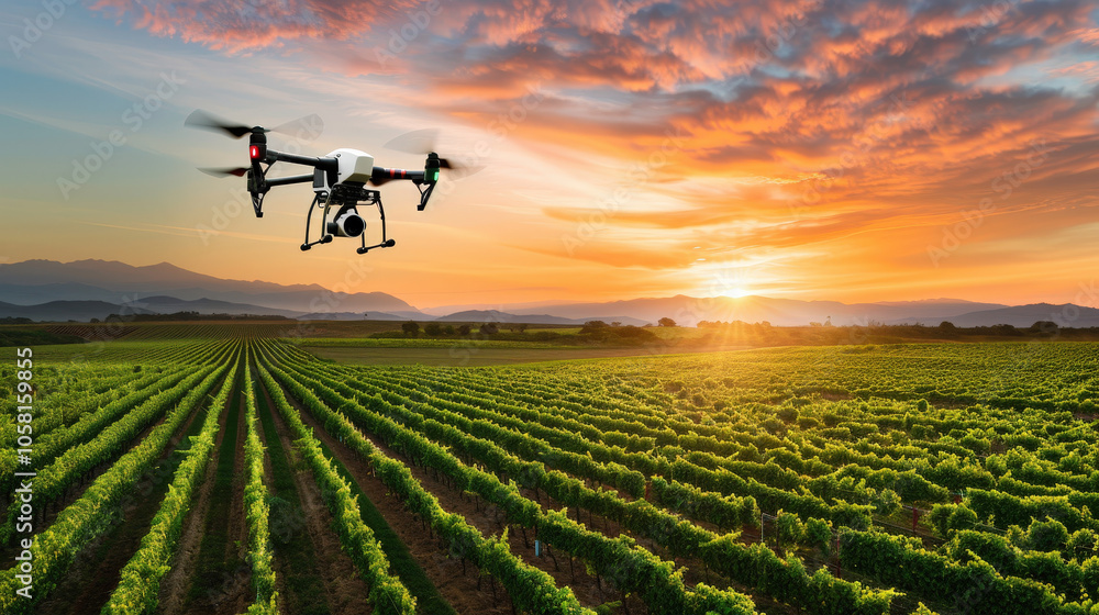 Aerial view of drone flying over lush vineyard at sunset, capturing beauty of agriculture and technology in harmony. vibrant colors of sky enhance serene landscape Aerial view of drone flying over lush vineyard at sunset, capturing beauty of agriculture and technology in harmony. vibrant colors of sky enhance serene landscape