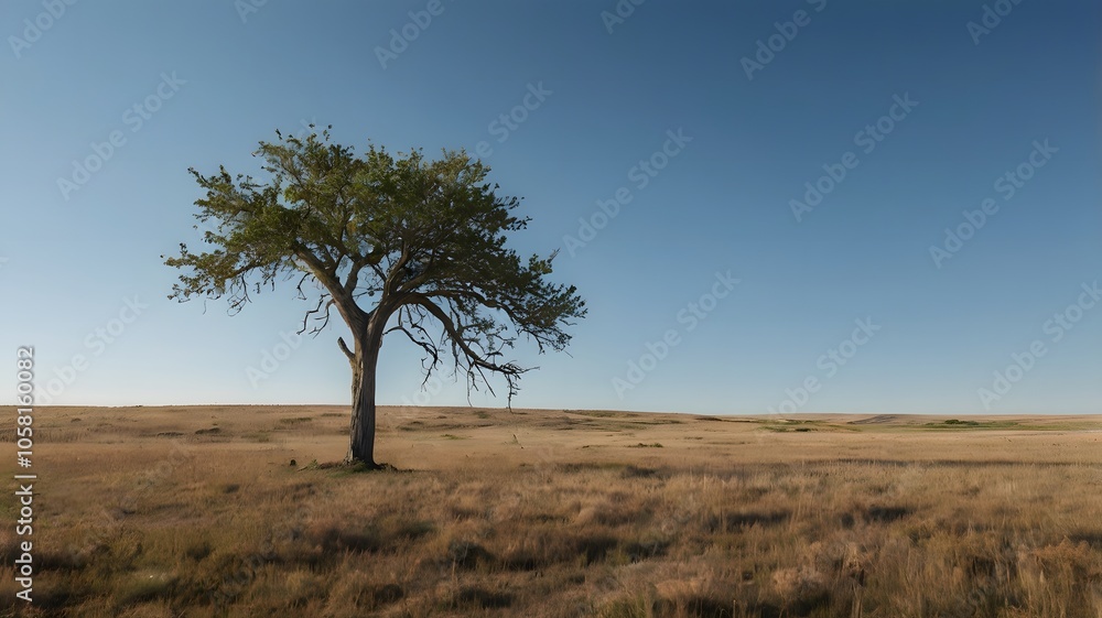 Wind-Swept Prairie with Lone Tree: A vast, open prairie with a single tree standing against a soft, clear blue sky Wind-Swept Prairie with Lone Tree: A vast, open prairie with a single tree standing against a soft, clear blue sky