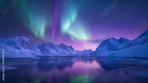 Aurora Borealis, Lofoten islands, Norway. Nothen light, mountains and frozen ocean. Winter landscape at the night time. 