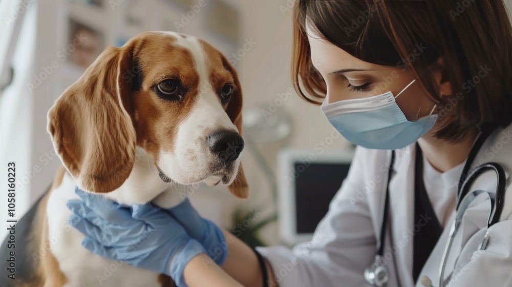 Young veterinarian wearing gloves and examining sick beagle dog in clinic Young veterinarian wearing gloves and examining sick beagle dog in clinic
