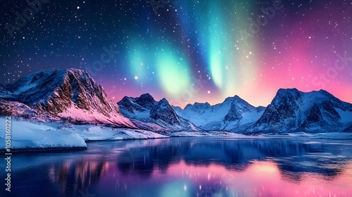 Aurora Borealis, Lofoten islands, Norway. Nothen light, mountains and frozen ocean. Winter landscape at the night time. 