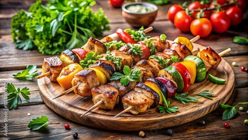 Aromatic Grilled Skewers Featuring Succulent Meat and Vibrant Veggies, Adorned with Fresh Herbs, Resting on a Rustic Wooden Board