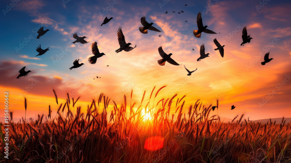 Fototapeta premium stunning scene of birds flying over golden wheat field at dawn, capturing beauty of nature as sun rises, illuminating sky with vibrant colors