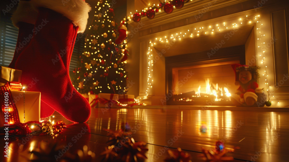 cozy Christmas scene featuring red stocking by warm fireplace, adorned with twinkling lights and beautifully decorated tree. atmosphere is festive and inviting cozy Christmas scene featuring red stocking by warm fireplace, adorned with twinkling lights and beautifully decorated tree. atmosphere is festive and inviting