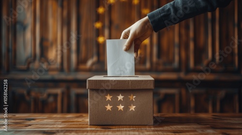 Hand placing a ballot into box with EU flag background representing democratic voting in elections photo