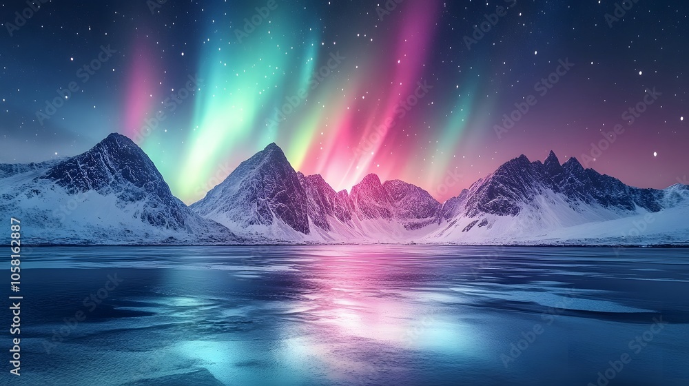 Naklejka premium Aurora Borealis, Lofoten islands, Norway. Nothen light, mountains and frozen ocean. Winter landscape at the night time.